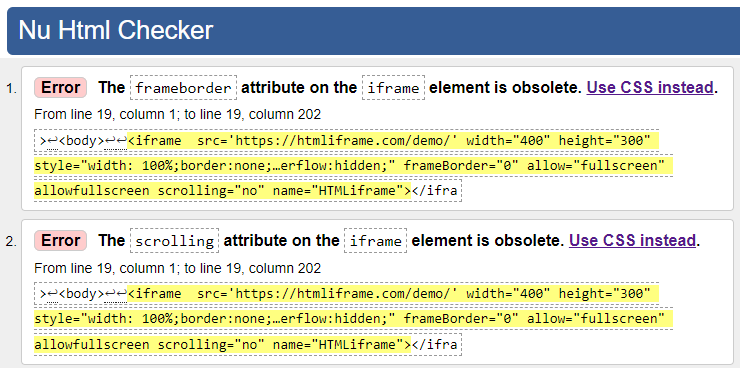 w3c obsolete HTML iframe frameborder and scrolling alternative